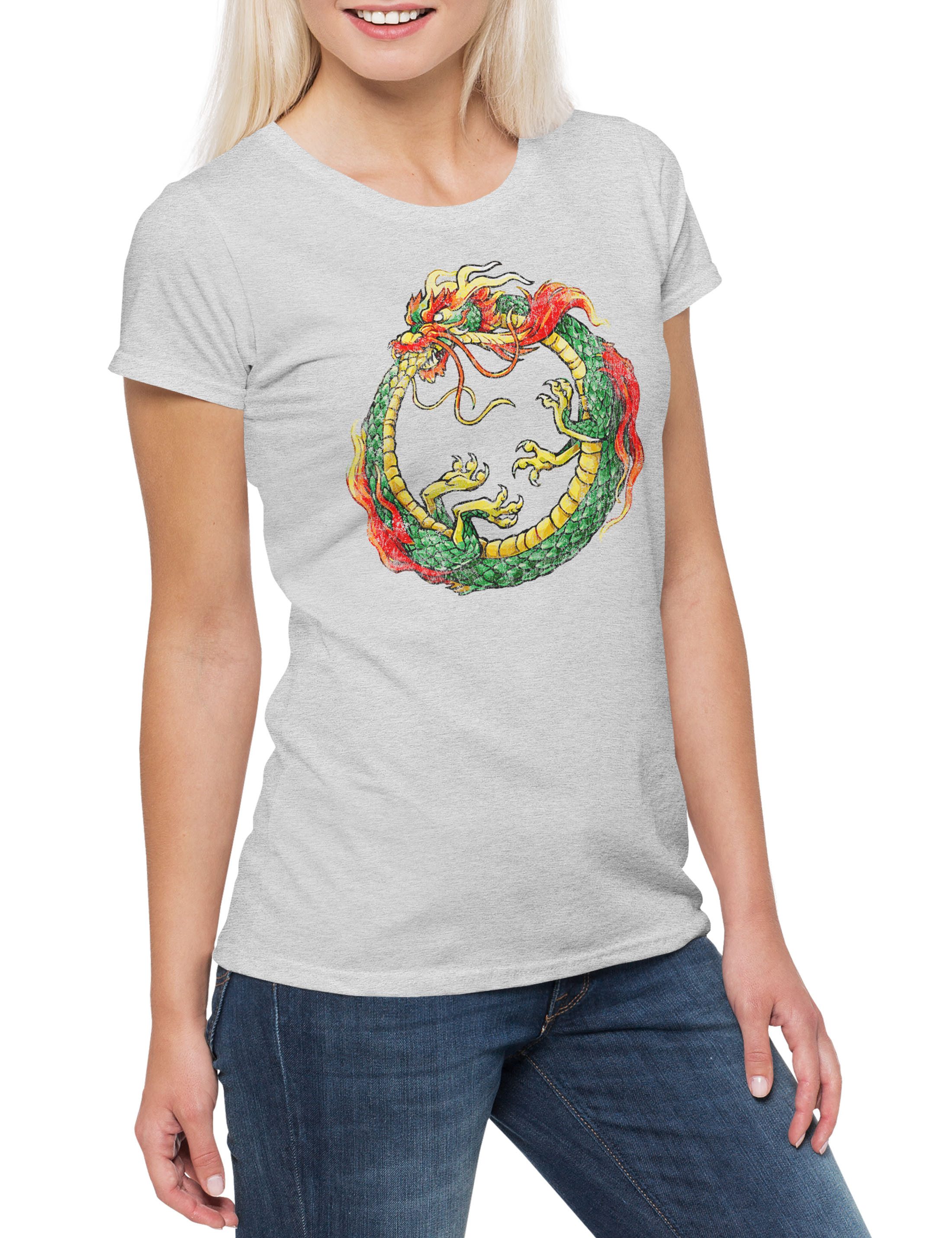 Print-Shirt Ouroboros Infinity Chinese Dragon Damen T-Shirt Drache China