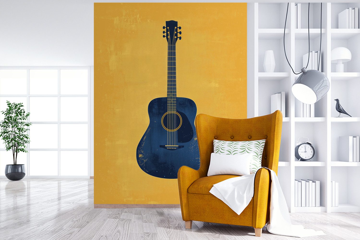 MuchoWow Fototapete Gitarre - Akustisch - Gelb - Minimalistisch, Matt, bedruckt, Wallpaper für Wohnzimmer, Schlafzimmer, Vinyl Tapete, 165x220 cm