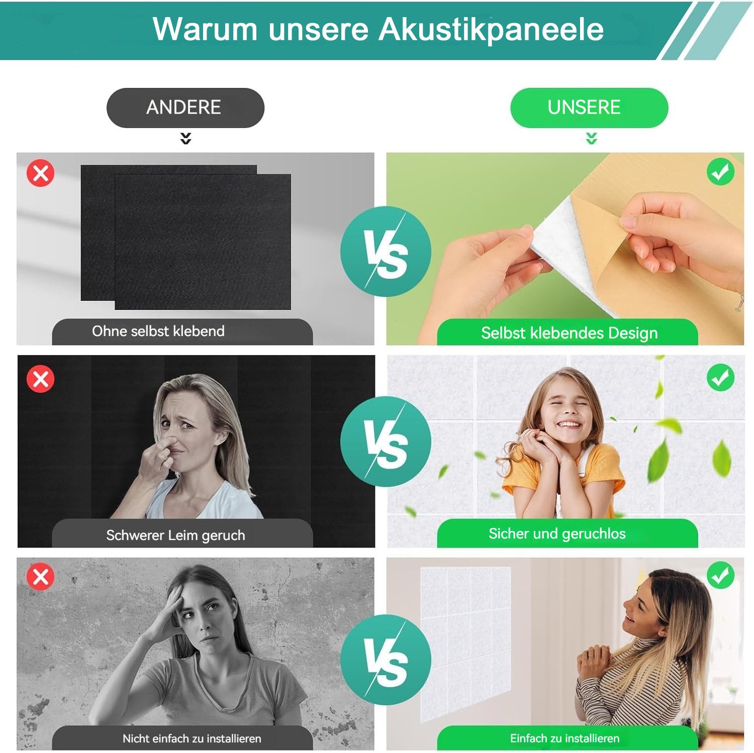 Rhein Beleuchtung Akustikplatte 12 Stück Selbstklebend Akustikplatten (30x30x0,9 cm), (Set, 12-St., akustikpaneele selbstklebendm, akustik paneele, schallabsorb – Bild 4 von 5
