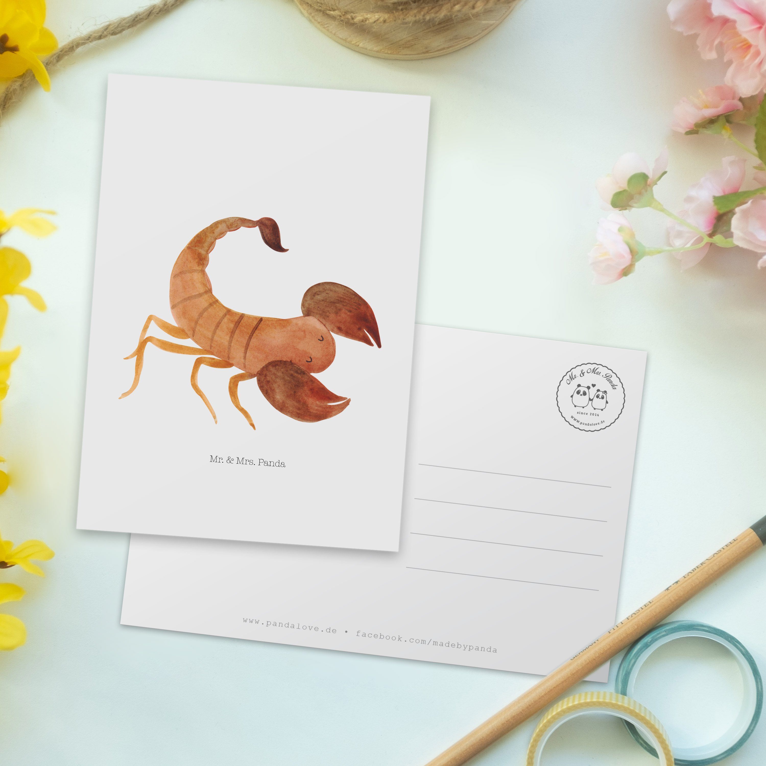 Geschenk, Mrs. Postkarte Weiß Grußkarte, Panda - An & Sternzeichen Skorpion Mr. - Geschenkkarte,
