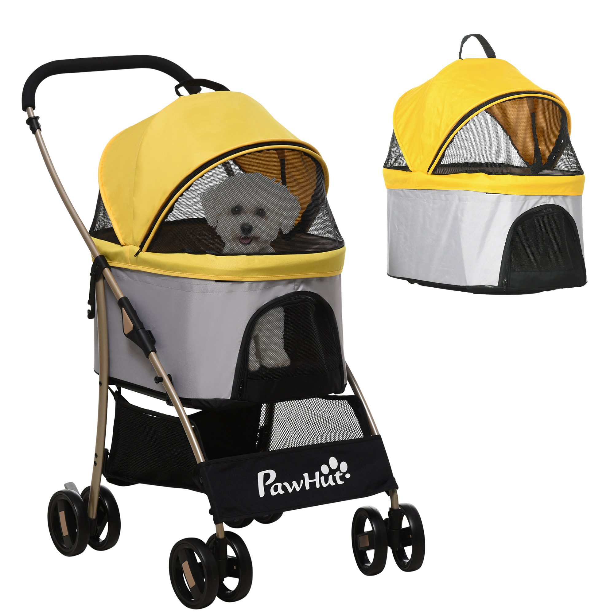 PawHut Hundebuggy 2 in 1 Faltbar bis 10kg Haustierbuggy, (Hundewagen, 1-tlg), für kleine Hunde, Katzen, Oxfordstoff, Gelb