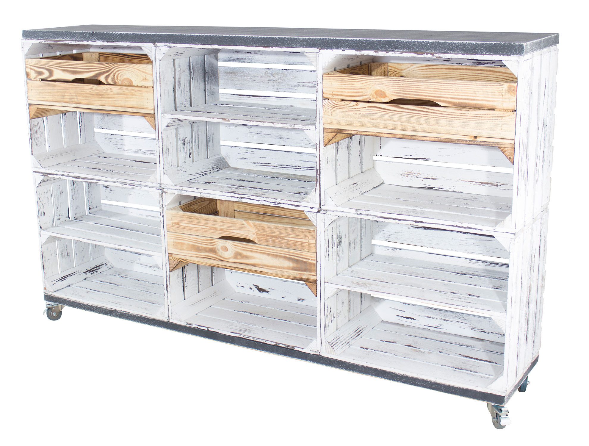 Kistenkolli Altes Land Allzweckkiste 6 shabby weißen mit 3 geflammten 2 Rollen, 150x93x30 (Spar-Set, 1er Set)