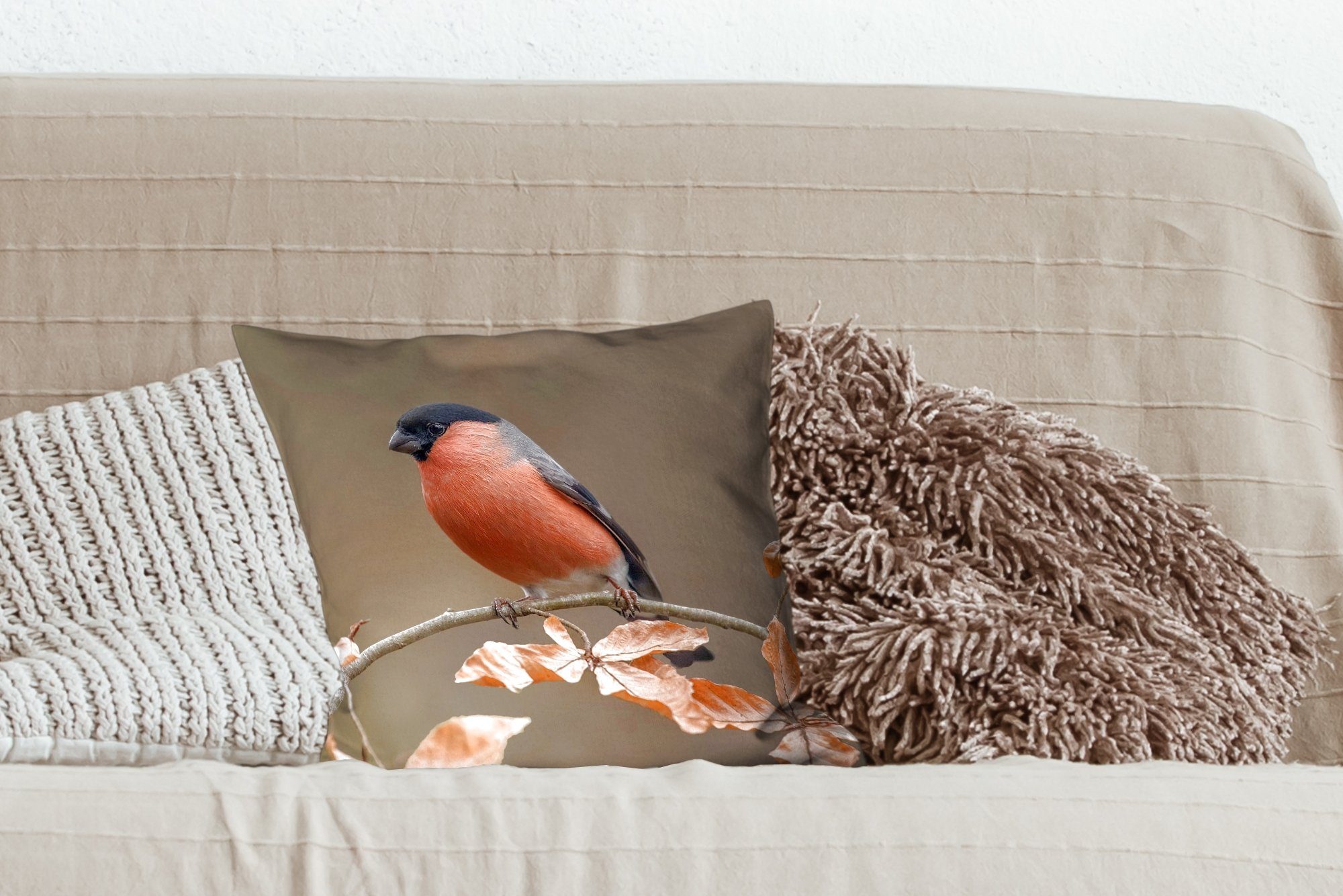 Dekokissen - Schlafzimmer, Wohzimmer, Gimpel Vogel Sofakissen MuchoWow Füllung -, - - Herbst für Laub Zierkissen Deko, mit