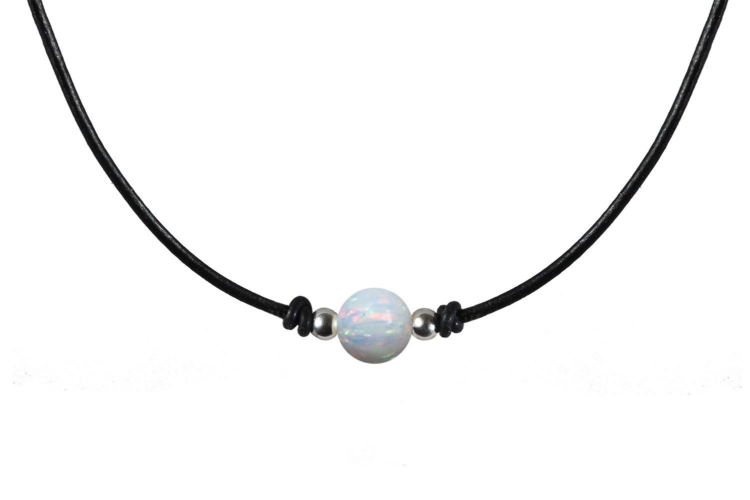 Edellis Kette mit Anhänger Anhänger Set Weißer Opal 8 mm mit Ziegenleder Kette mit Silber Kugeln (1-tlg)
