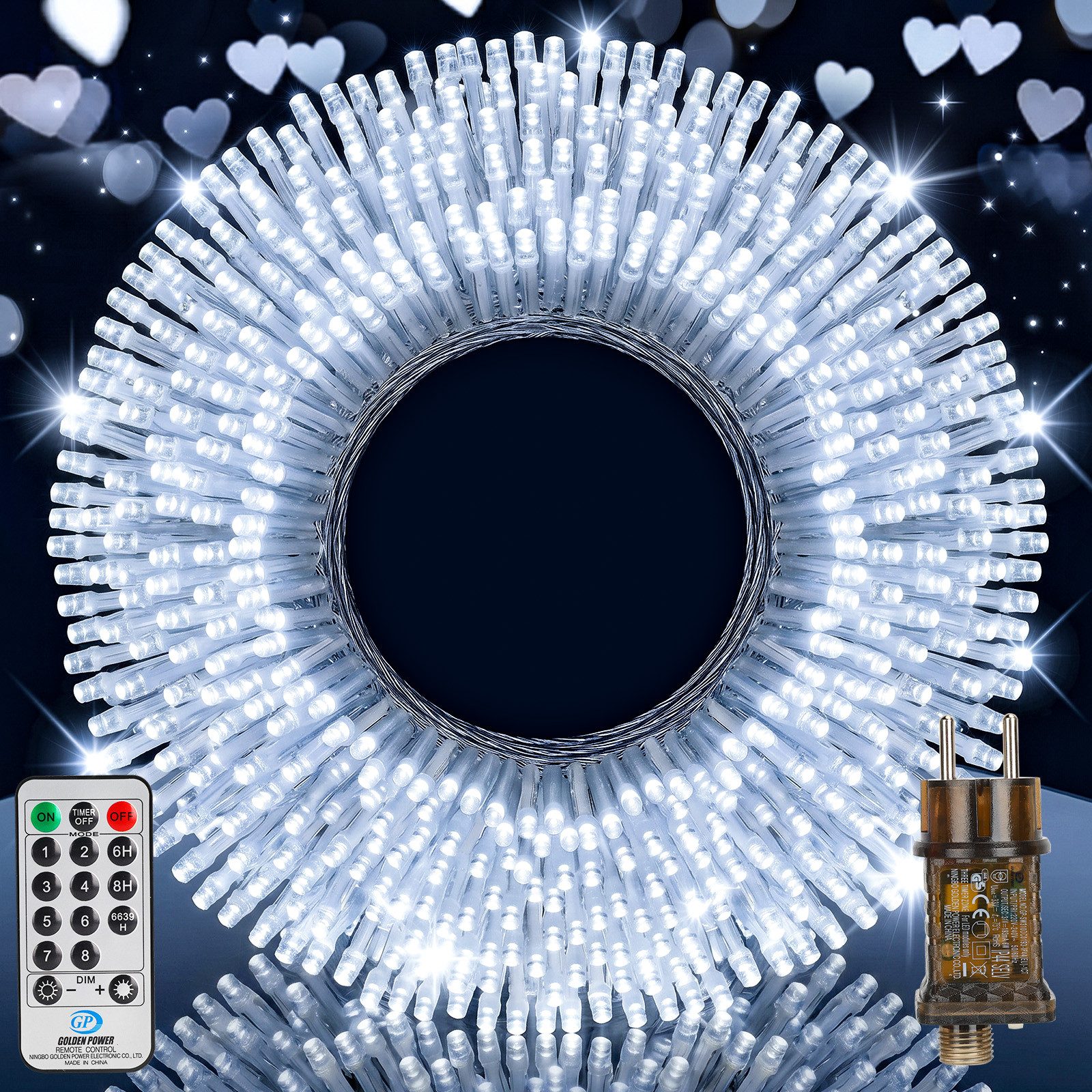 skelo LED-Lichterkette Lichterkette Außen Weihnachtsbaum Lichterkette Outdoor mit Timer, 300-flammig, Lichterkette innen mit Fernbedienung, 8 Modi mit Stecker Garten Balkon
