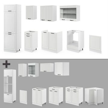 Livinity® Küchenzeile R-Line, Weiß Landhaus/Weiß, 300 cm, AP Anthrazit