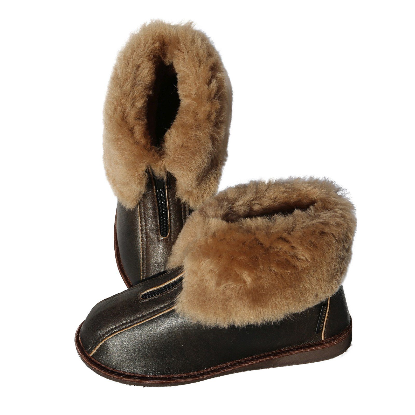 Hollert Hausschuh Alaska Dunkelbraun Fellschuhe Echtleder Merino Schaffell