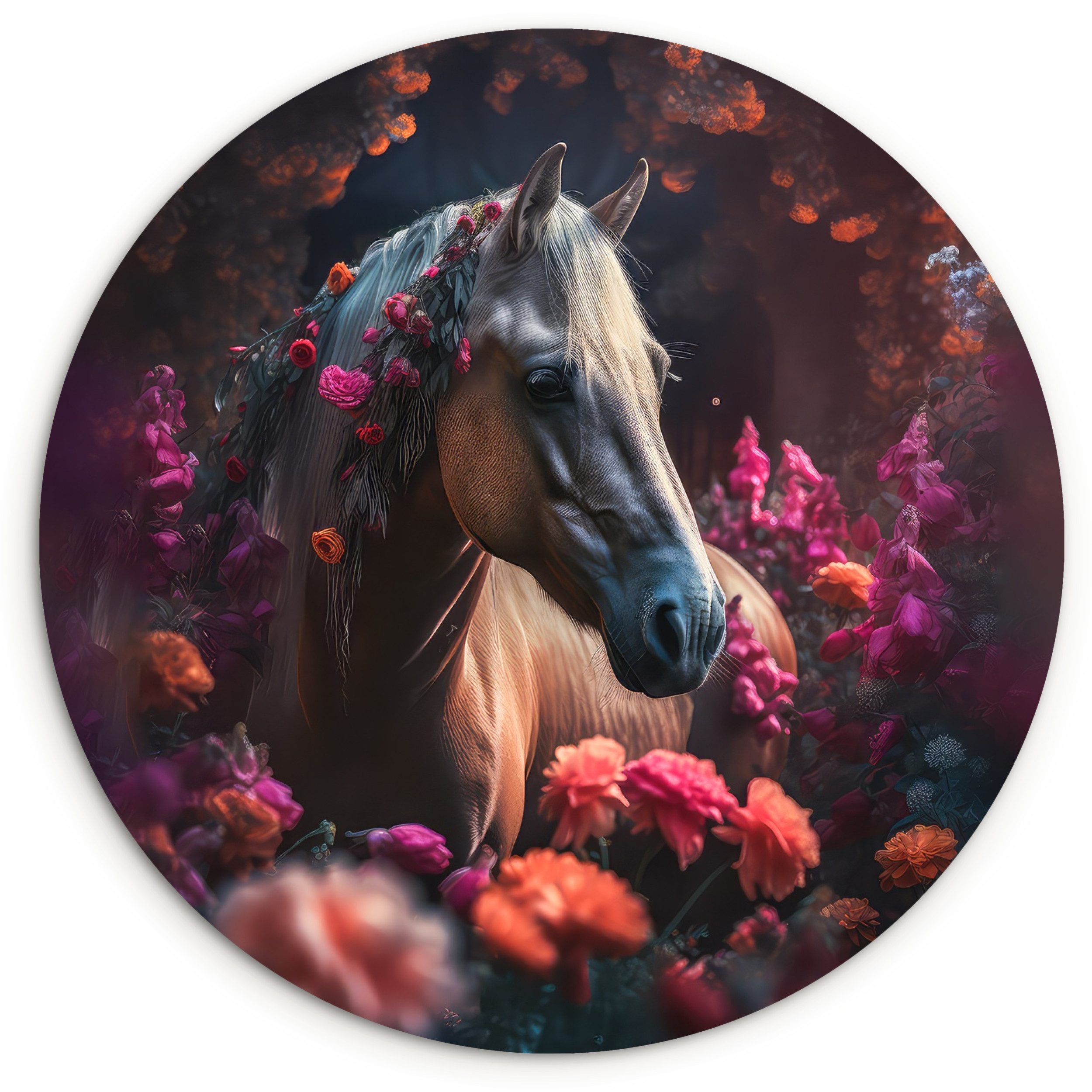 Gemälde Pferd - Blumen - Lila - Orange - Tiere