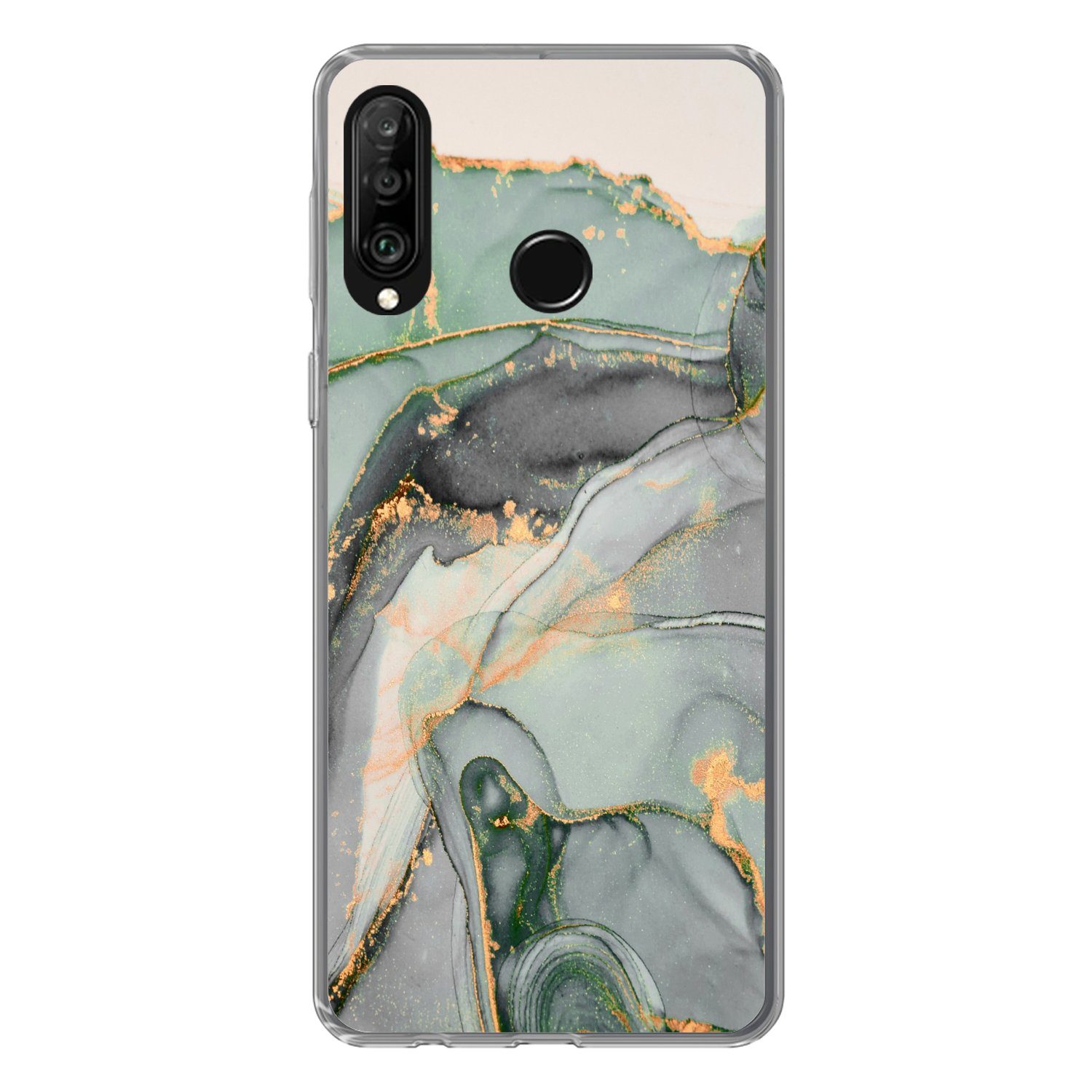 MuchoWow Handyhülle für Huawei P30 Lite Gold - Marmor - Grün - Luxus - Glitzer - Marmoropt, Handy Case, Silikon, Bumper Case Dünn