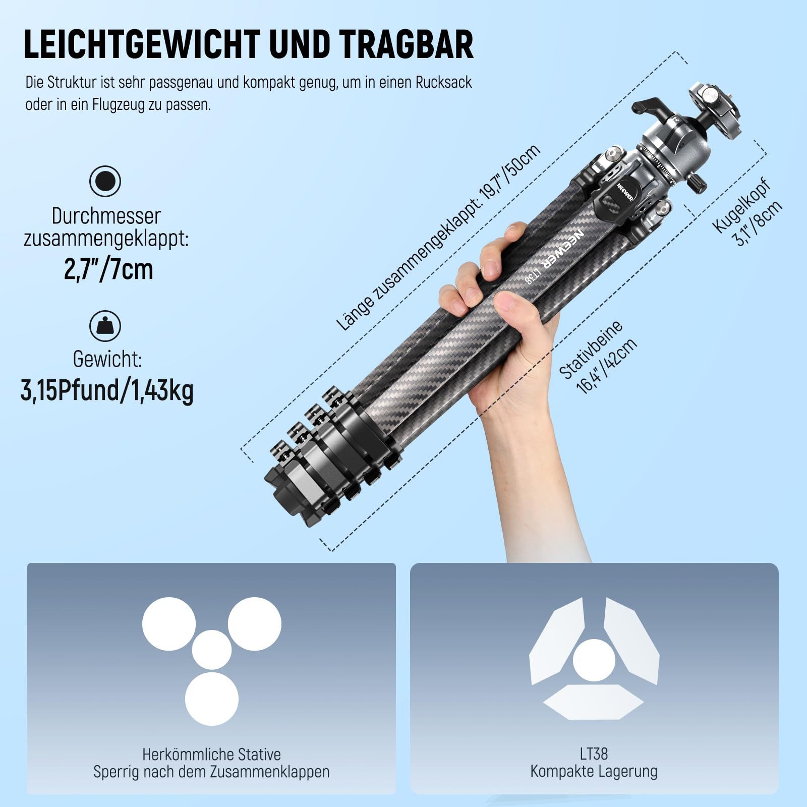 Neewer LT38 Carbon Kamera Reisestativ 61", Höhenverstellbar 46-155 cm Kamerastativ (mit 360° Kugelkopf und 1/4" Befestigungsschraube, Arca QR Platte) – Bild 2 von 5