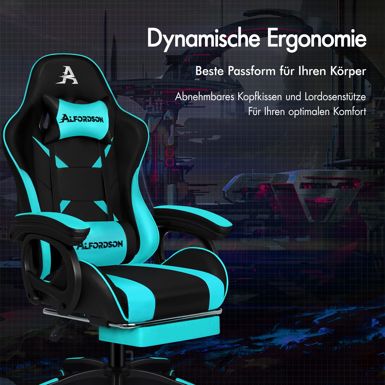 ALFORDSON Gaming-Stuhl mit Massage, verstellbar, PU-Leder, Grün und Schwarz günstig online kaufen