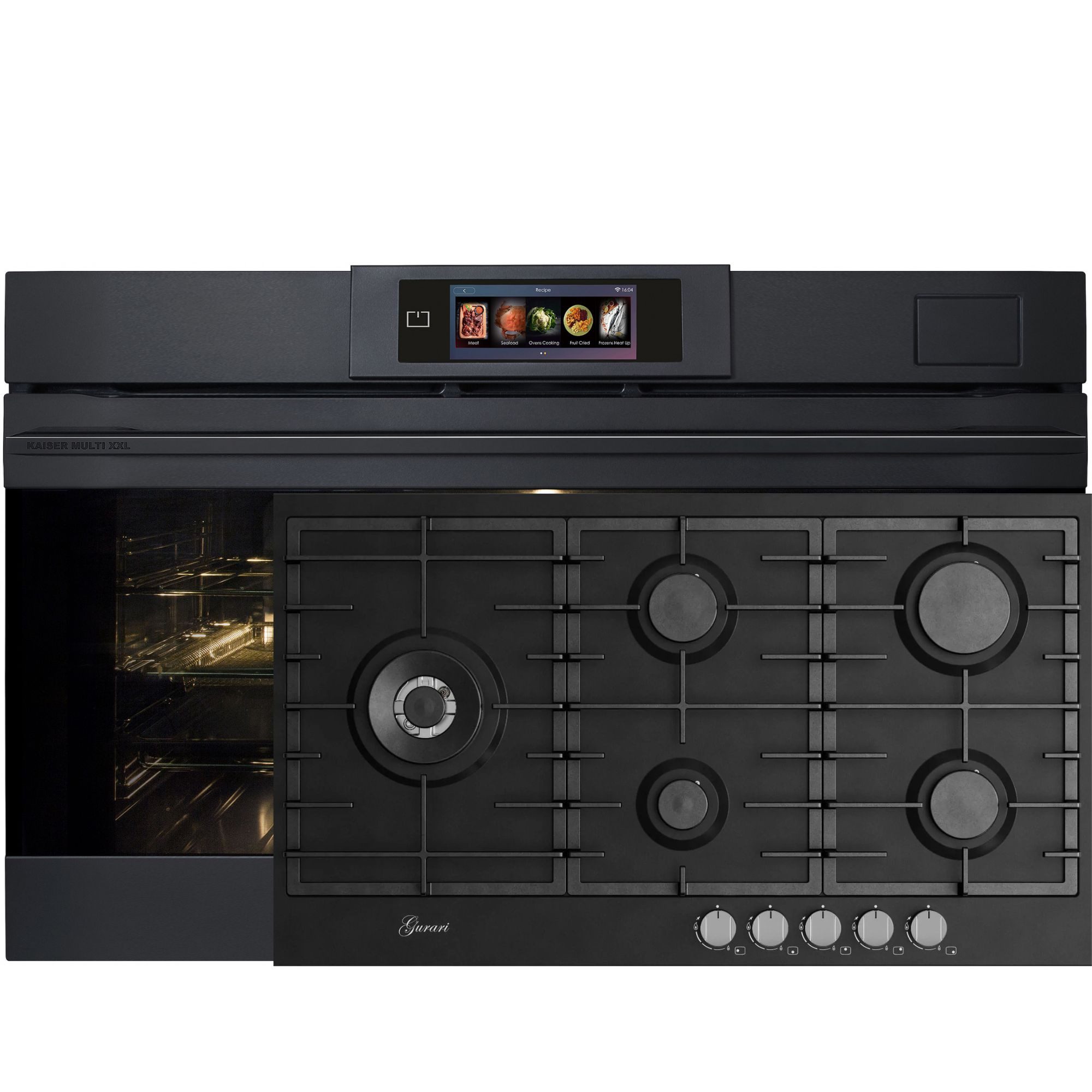 Kaiser Küchengeräte Backofen-Set Herd Set Autark Einbau Dampfbackofen XXL 90 cm, 133 L, 100 % Dampfgaren, Air Fry, Heißluftsystem PLUS+Gaskochfeld 90 cm, Schwarz Emaliert, 4,0 kW WOK, 5 Gasbrenner,Erdgas, FL.Gas EH 9341+GCH FB 905 BL, mit 1-fach-Teleskopauszug