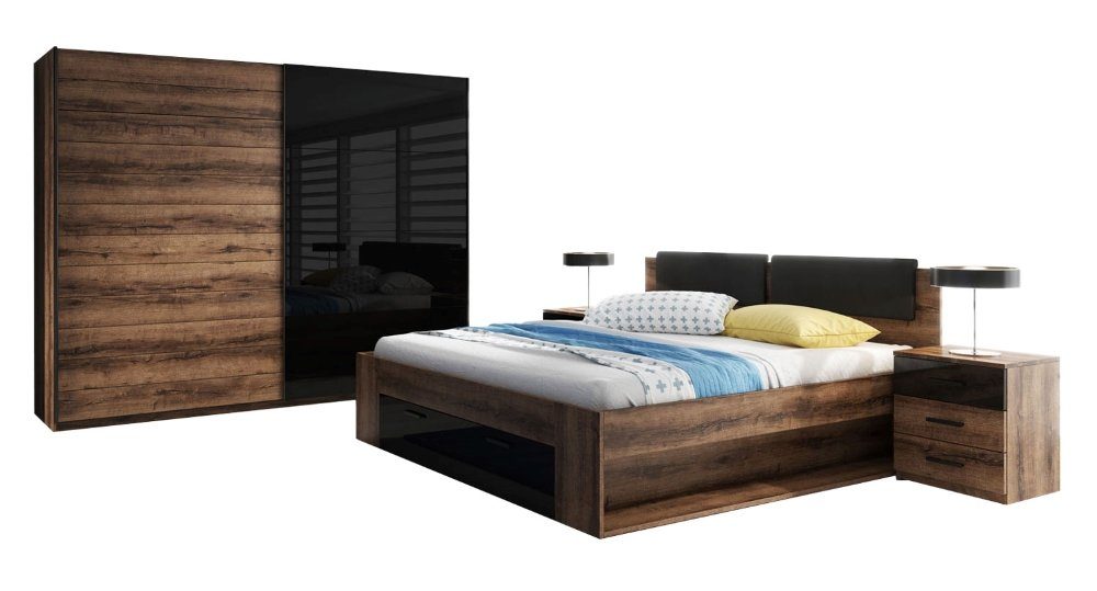 Helvetia Schlafzimmer-Set GALAXY, (Galaxy, 4-teilig), 500cm monastery eiche, schwarz Hochglanz, schwarz 4-teilig
