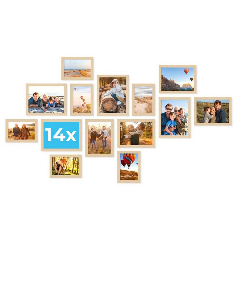 PHOTOLINI Bilderrahmen Sets in verschiedenen Formaten, MDF Holz, Acrylglas & Zubehör, für 14 Bilder (14er Set), Posterrahmen 14er Set No.2 zum Aufhängen oder Aufstellen