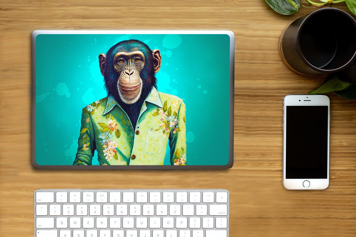 Thumbnail - MuchoWow Laptop-Aufkleber Affe - Bluse - Blumen - Grün - Porträt