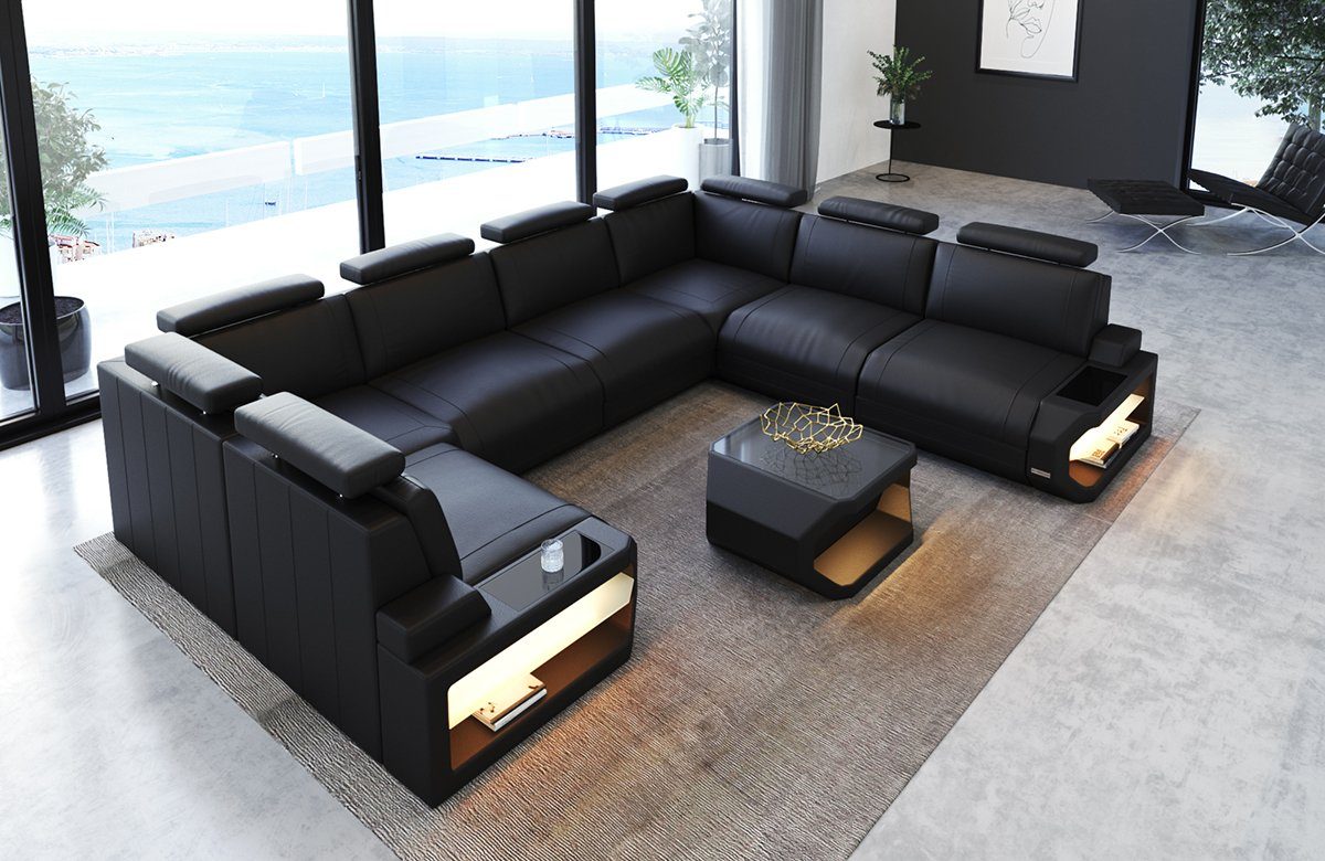 Sofa Dreams Wohnlandschaft Leder Couch Sofa Siena U Form Ledersofa, U-Form Ledersofa Wohnlandschaft mit LED-Beleuchtung und USB