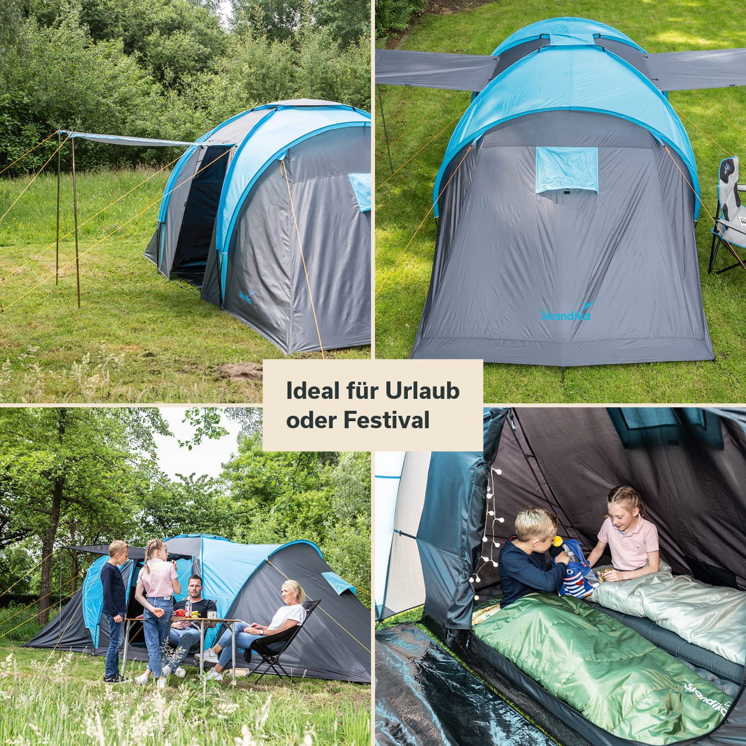 Skandika Kuppelzelt Hammerfest 4, Campingzelt, Familienzelt, 2 m Stehhöhe, Personen: 4 (Schlafkabinen mit Moskitonetz und eingenähtem Zeltboden), Loser Zeltboden, Farbig markierte Stangen, 3000mm Wassersäule