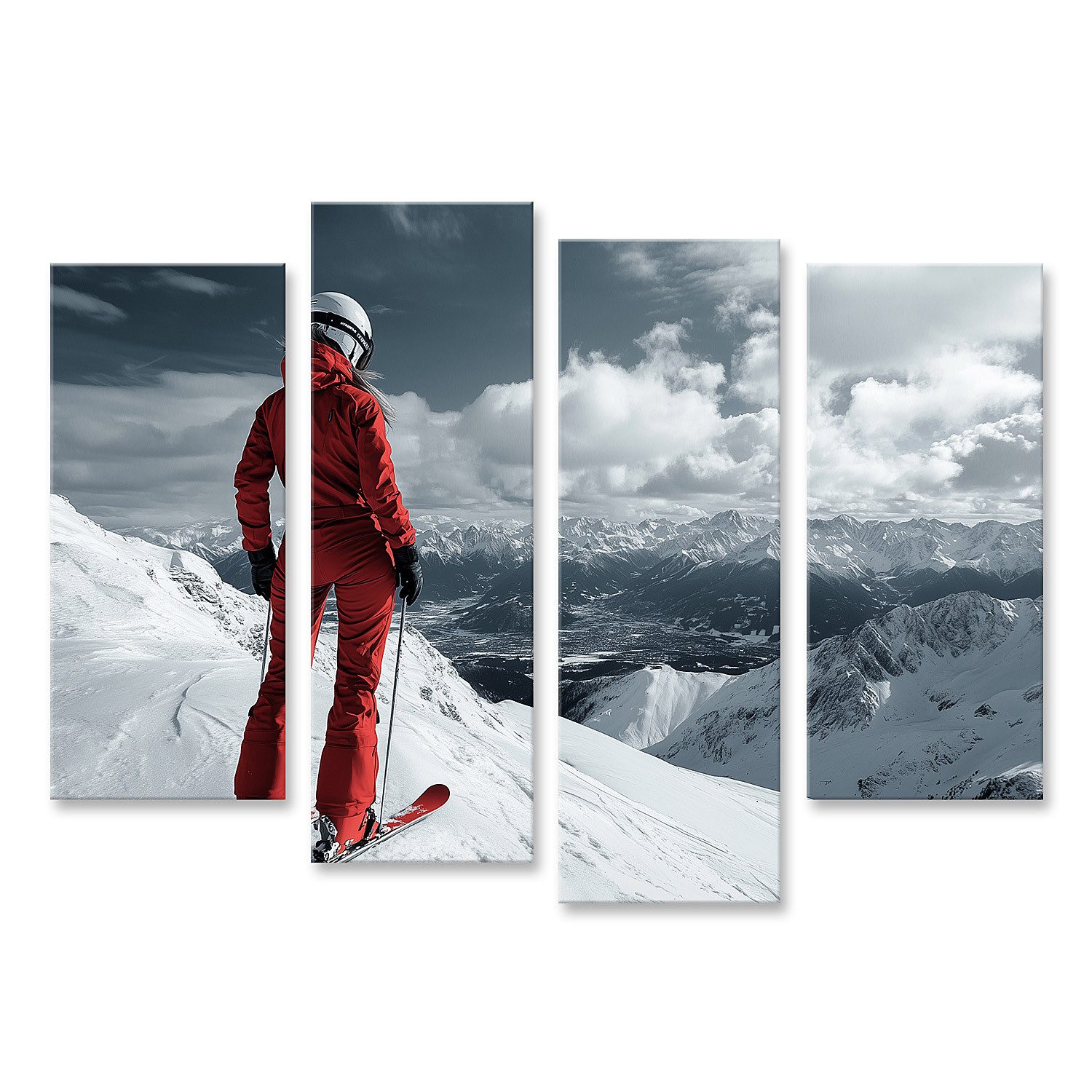islandburner Leinwandbild Skifahrer blickt auf verschneite Berglandschaft