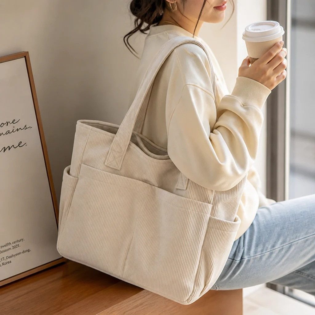 nsihing Schultertasche Damen-Cord-Schultertasche, große Tote-Bag Einkaufstasche/Handtasche, Faltbare Umhängetasche für Arbeit, Schule, Fitnessstudio und Reisen – Bild 2 von 5