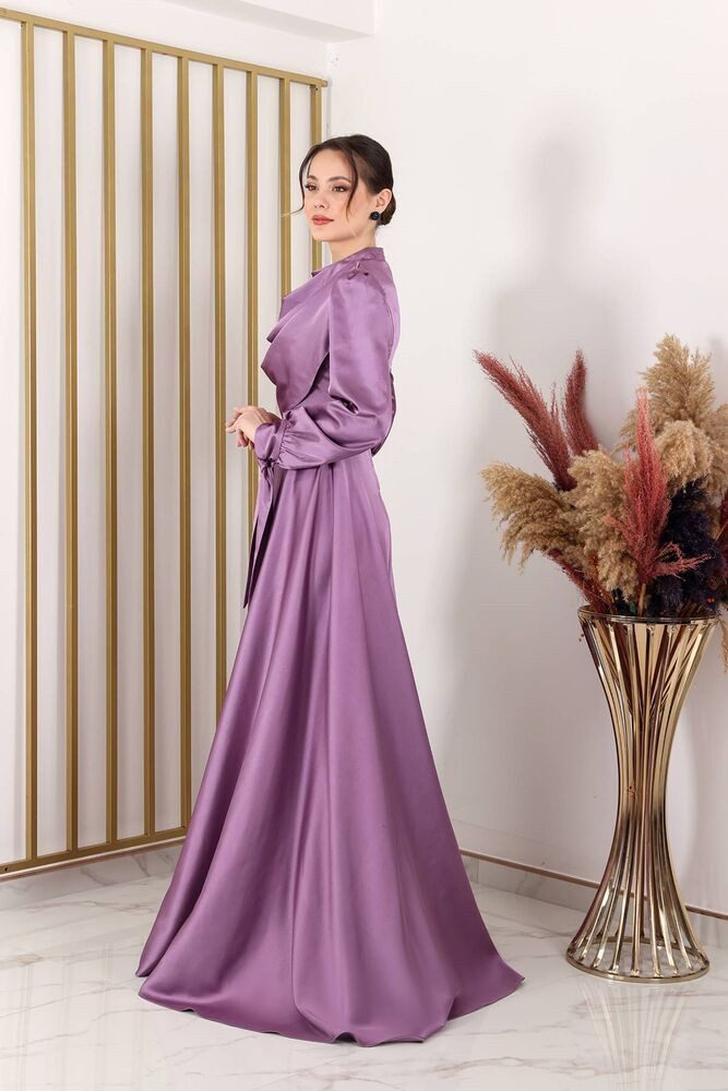 fashionshowcase Abendkleid Damen Maxikleid Satinkleid langarm Modest Fashion