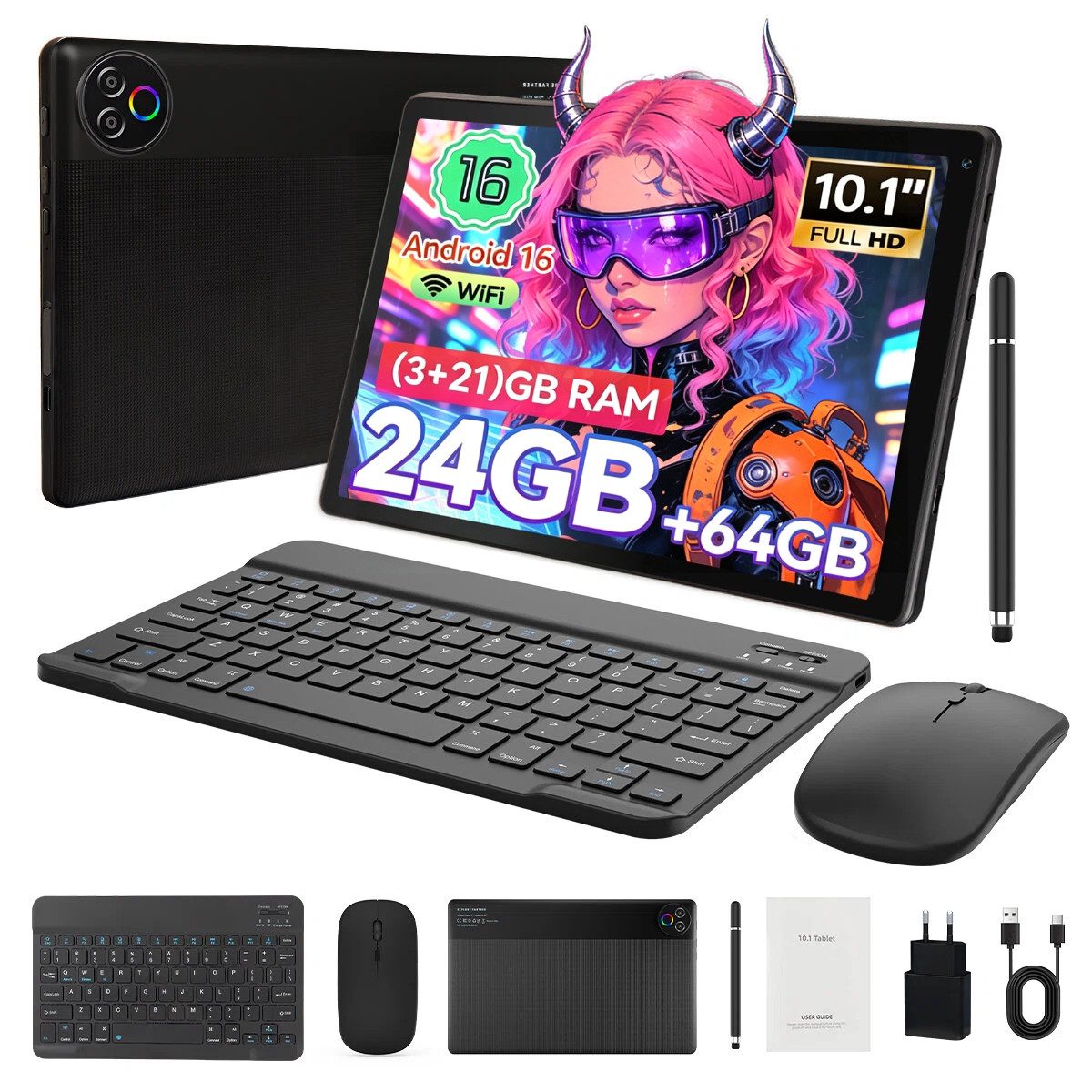 Happybe 10’’ HD Android, 64GB, WiFi6 mit Tastatur, Maus und Stift Tablet (10", 64 GB, Android 16, WiFi6, Großbs Display Tablet mit Stift, Tastatur und Maus, Widevine L1)