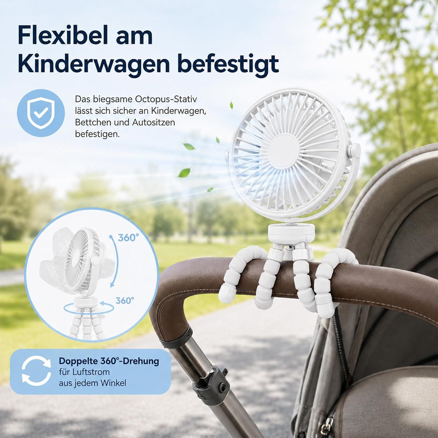MOPUEA Standventilator Mini Ventilator,USB Tischventilator,360° Drehbar 3 Geschwindigkeiten, Tragbarer Multi Szene Ventilator mit Aufhängefunktion,Reisen, Autositz