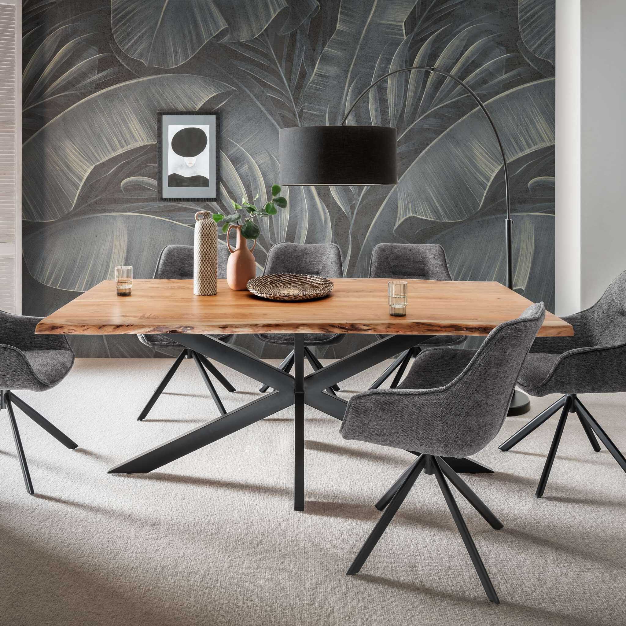 bene living Esszimmer-Set Baumkantentisch Catania und 6er Set Diningsessel San Carlo dunkelgrau, (Indoor-Möbelset, 7-St), Akazienholz-Tischplatte - drehbare Diningsessel
