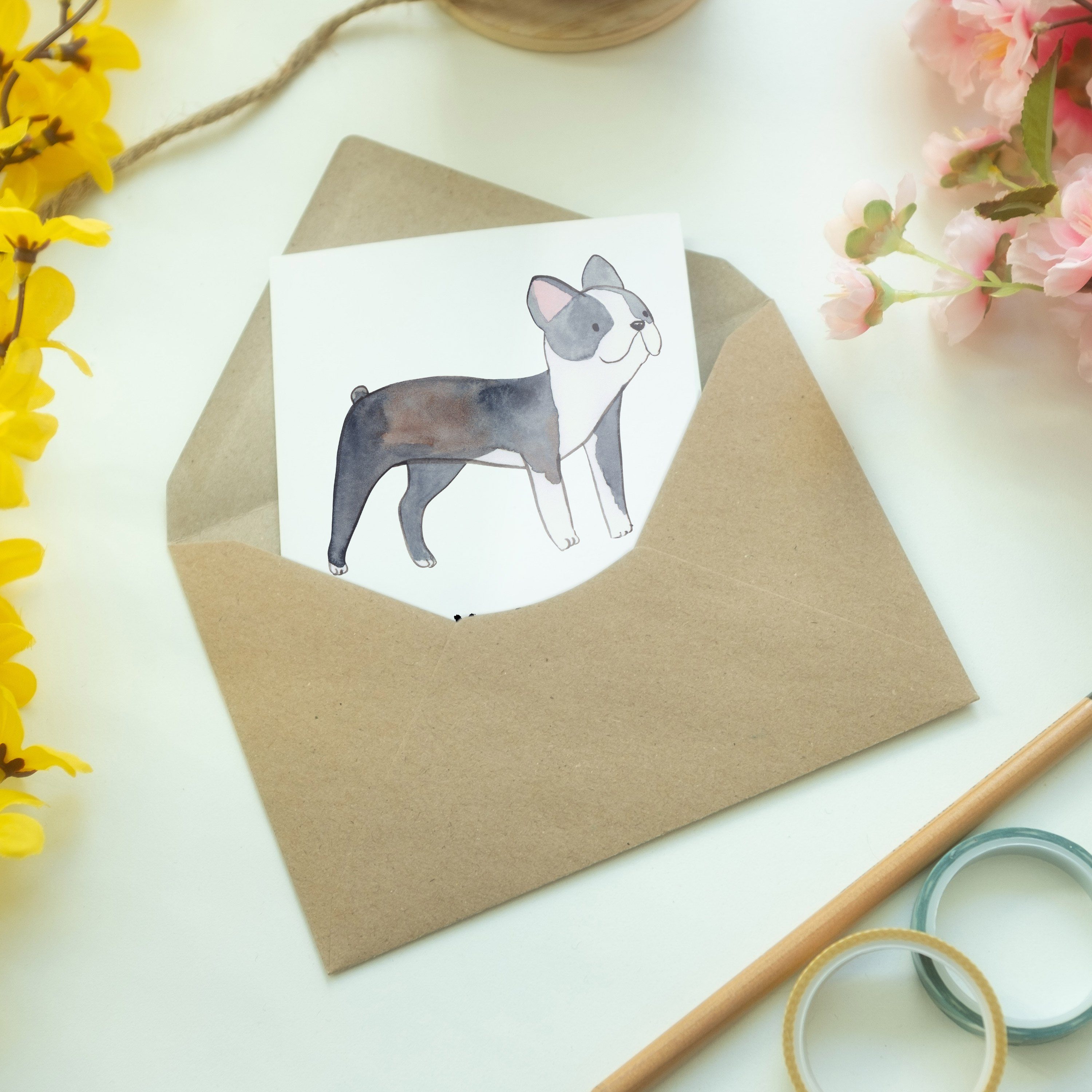 Mr. & Mrs. Panda Hochzeitskarte, Rasseh Terrier - Grußkarte Lebensretter Boston - Geschenk, Weiß