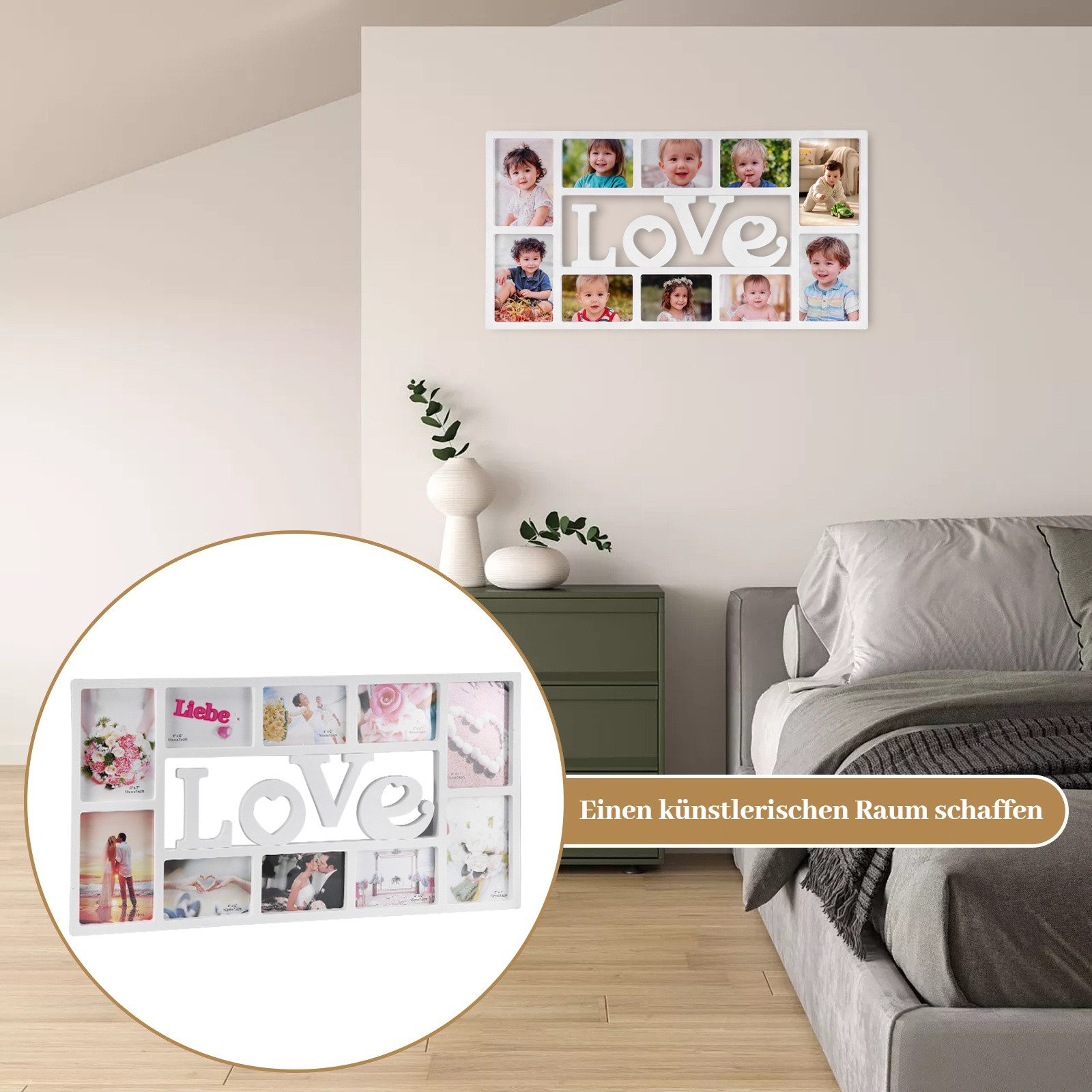 BlingBin Bilderrahmen Collage LOVE, Fotorahmen 10 Bilder, Wandgalerie für Fotocollagen, für 10 Bilder (1 Stück, 1 St), 37,5 x 73,5 x 2 cm, Bilderrahmen Sechs 4x6, Vier 5x7 für Familienfotos, Urkundenanzeige