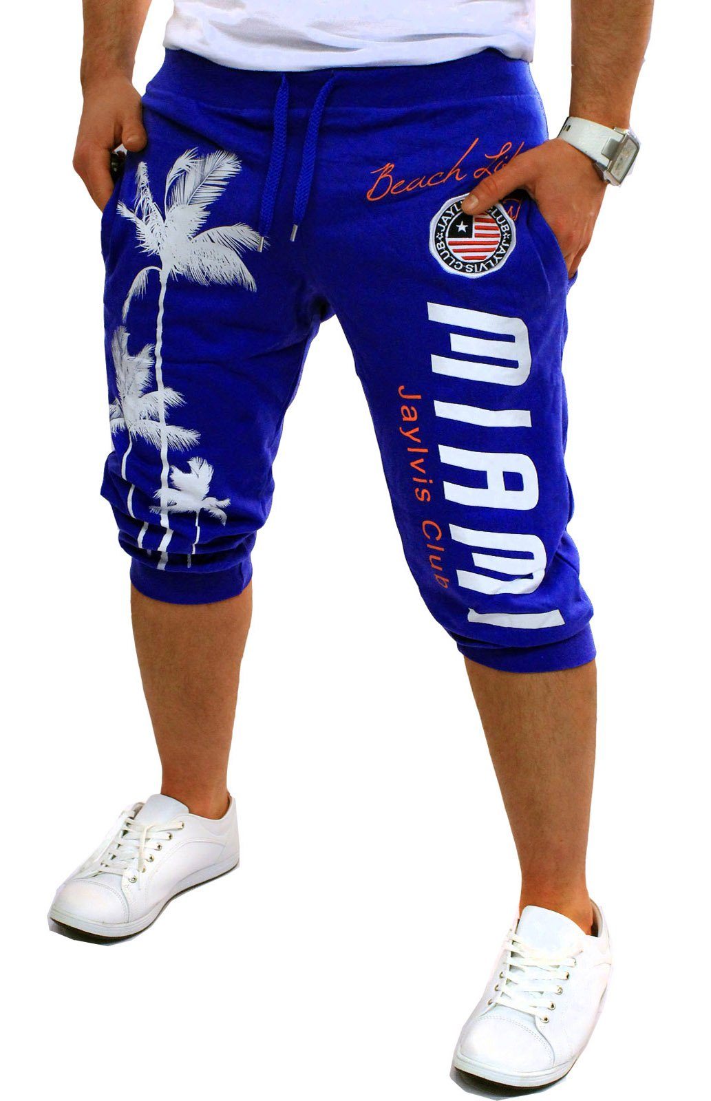 Sport Hose in Sweatshorts Jogginghose Kurze Tunnelzug Short Blau Bermuda Elastikbund Miami Unifarbe, 3/4 mit Herren RMK