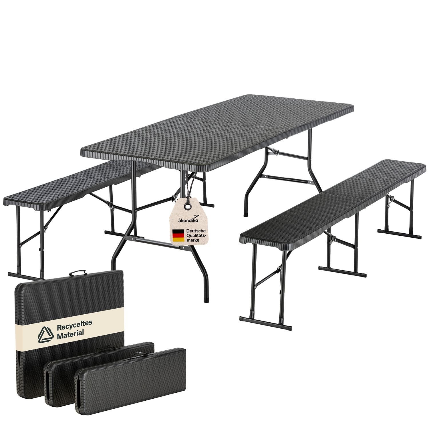 Skandika Sitzgruppe Klapptisch + 2 × Klappbank Masi, klappbar, wetterfest, Camping, recyceltes HDPE-Material, Kofferfunktion, Bierzeltgarnitur, Garten