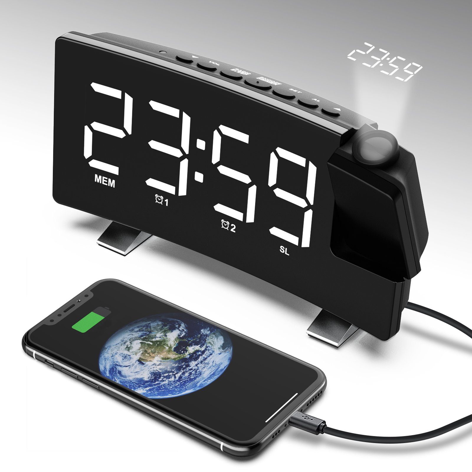 CALIYO Wecker Projektionswecker, Digital Wecker mit Projektion, Radiowecker  mit USB LED-Spiegelbildschirm, Temperatur- und Luftfeuchtigkeitsanzeige
