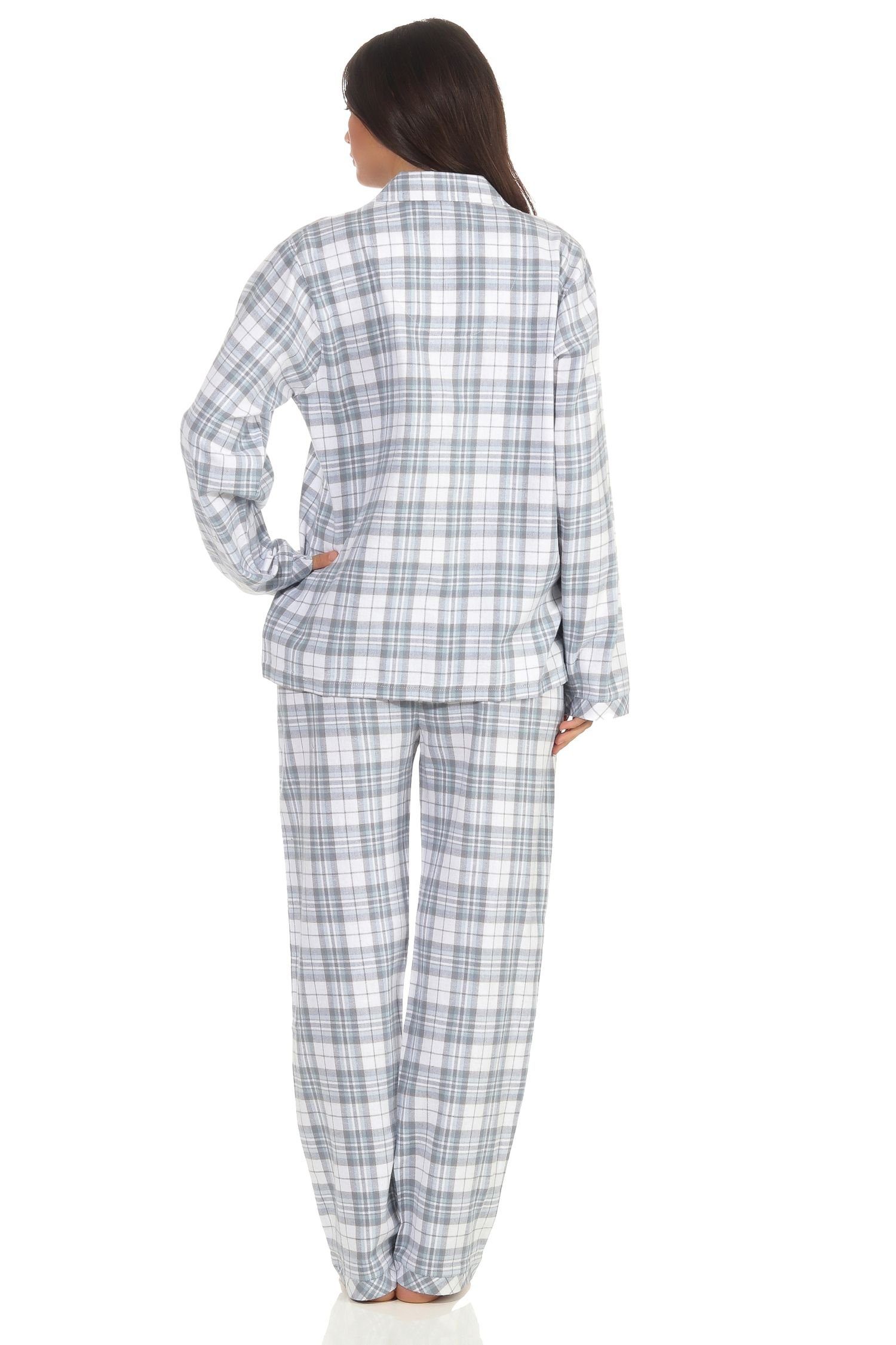 Normann Pyjama Damen kariert Flanell 602 Schlafanzug - blau 202 Karo 15 langarm