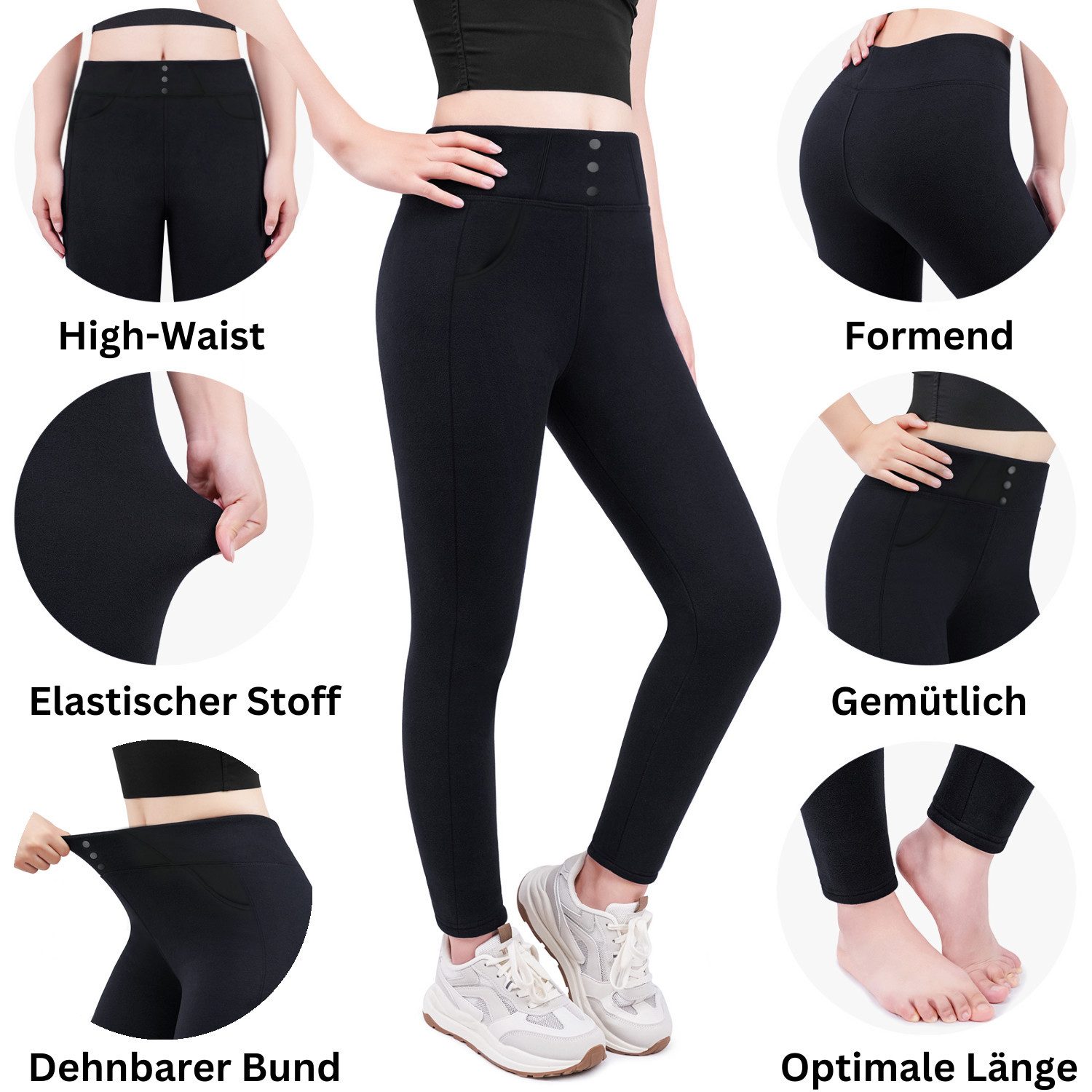 Frentree Thermoleggings Damen mit Fleece Gefütterte Thermo Leggings mit Taschen für Winter High Waist Strumpfhose Kuschelig Warm Elastisch Sport