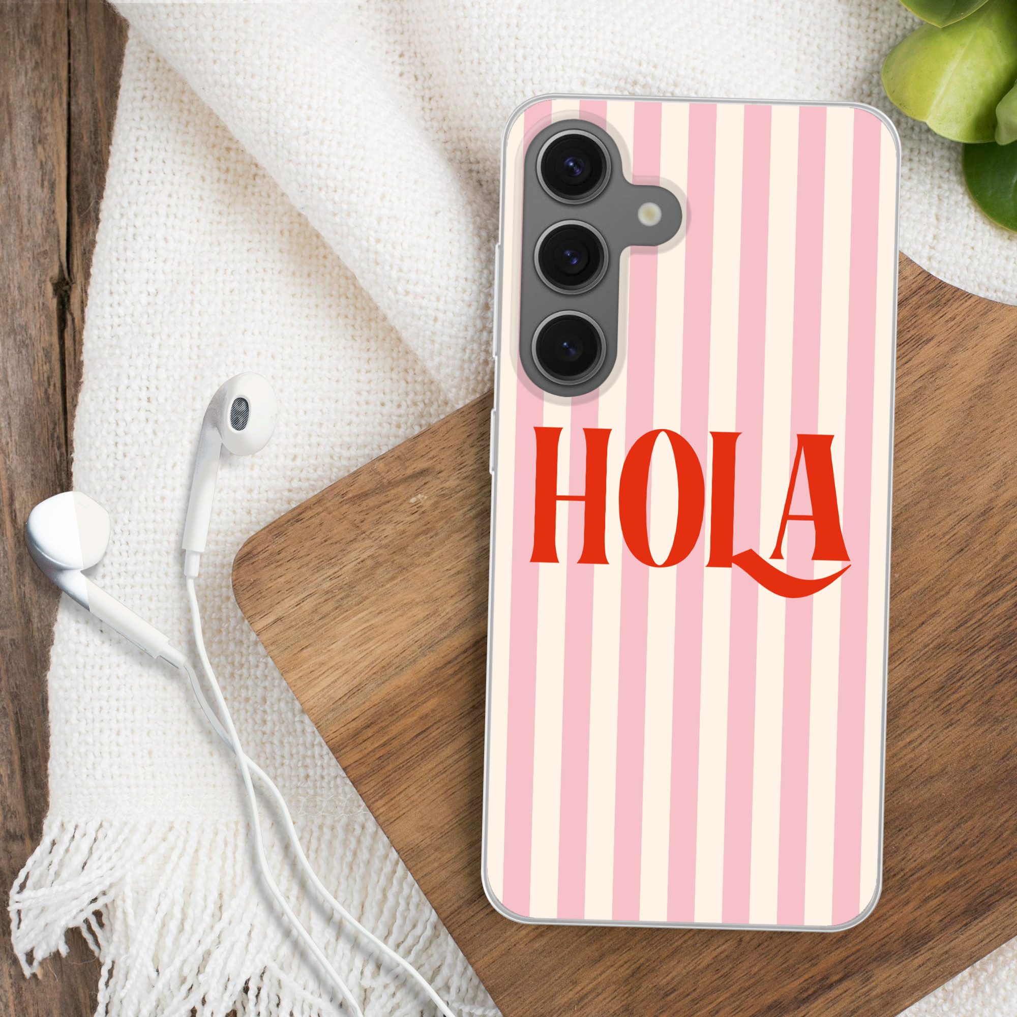 MuchoWow Handyhülle für Samsung Galaxy S25 Hola - Zitat - Streifen - Pastell - Rosa - Rot, Phone Case, Silikon, Schutzhülle Dünn