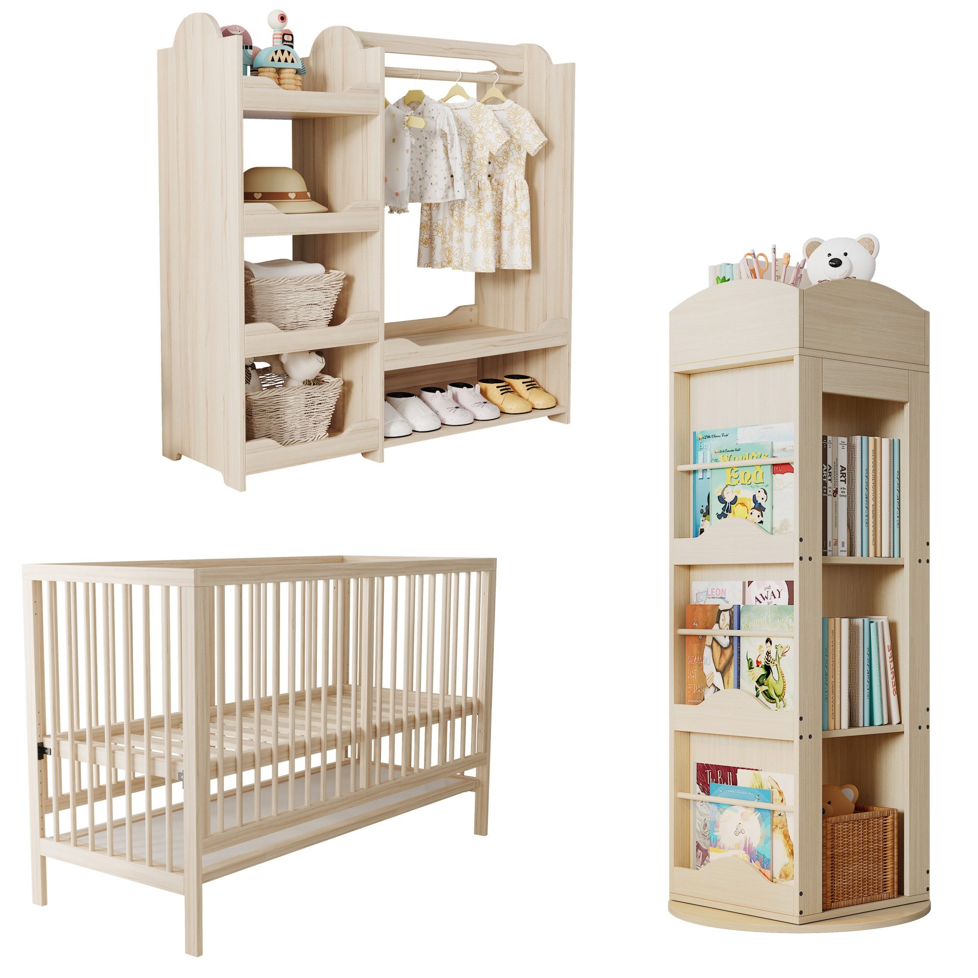 OKWISH Bedroom Set Children's Combination Furniture (Youth Room Furniture Set, 3-piece, Solid Wood + MDF), Wooden Baby Bed + Wardrobe + Rotating Bookcase