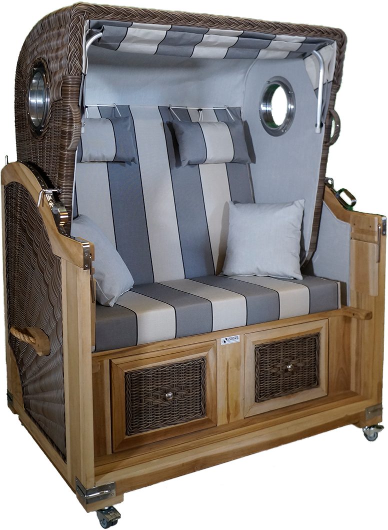 Strandkorb Strandkorb Teak grau schwarz/cremeweiß Stoff 2 Sitzer Voll-Liegemodell