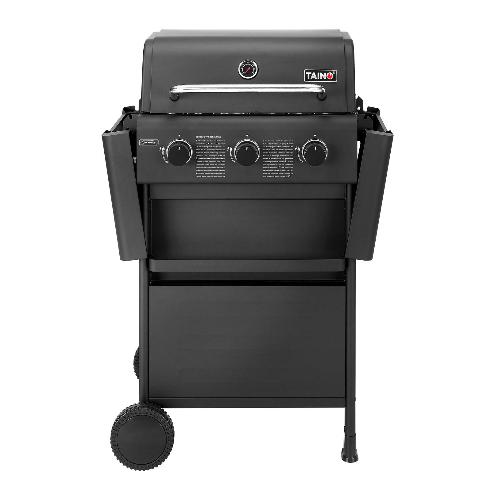TAINO Gasgrill Compact 3+0, Gasgrill mit Abdeckhaube, Gasdruckminderer und Gasschlauch, Piezozündung, Hauptbrenner aus Edelstahl, klappbare Seitentische