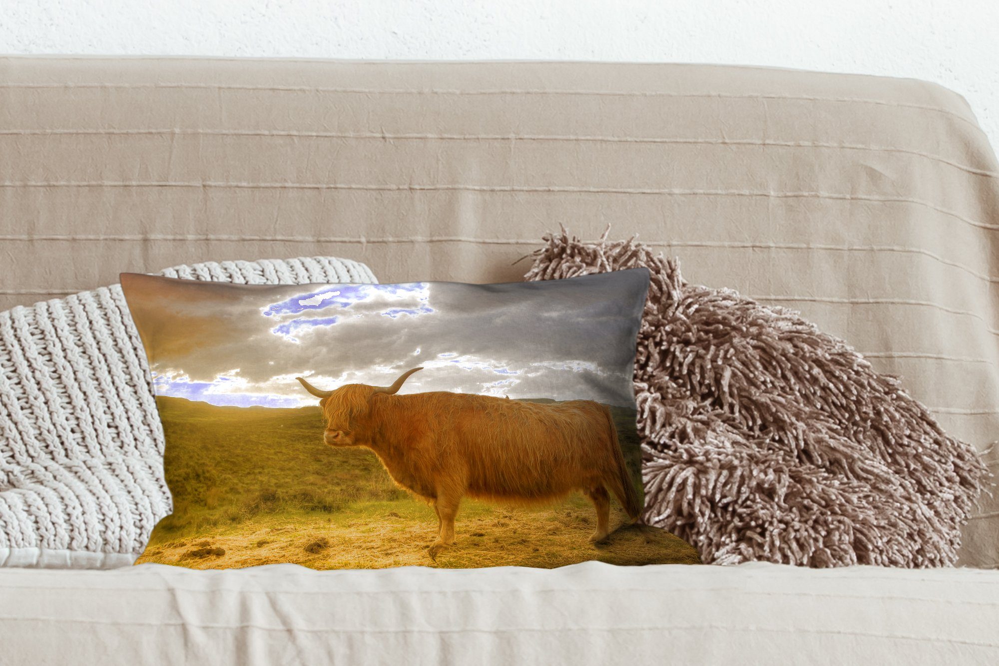 Zierkissen, Dekokissen MuchoWow Dekokissen Dekoration, Wohzimmer Schlafzimmer Landschaft, Schottische mit Highlander Füllung, -