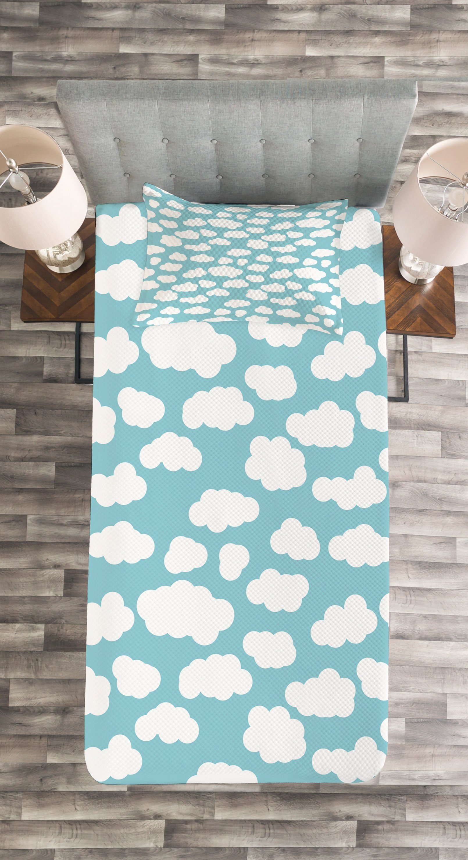 Tagesdecke Set mit Kissenbezügen Waschbar, Grafik Bicolored Blauer Wolken Himmel Abakuhaus