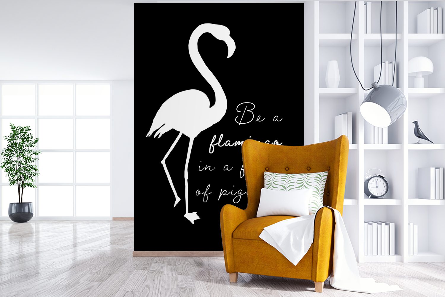 MuchoWow Fototapete Flamingo - Weiß, Tapete (3 St), Schwarz Montagefertig Wandtapete Vinyl Matt, - für bedruckt, Wohnzimmer