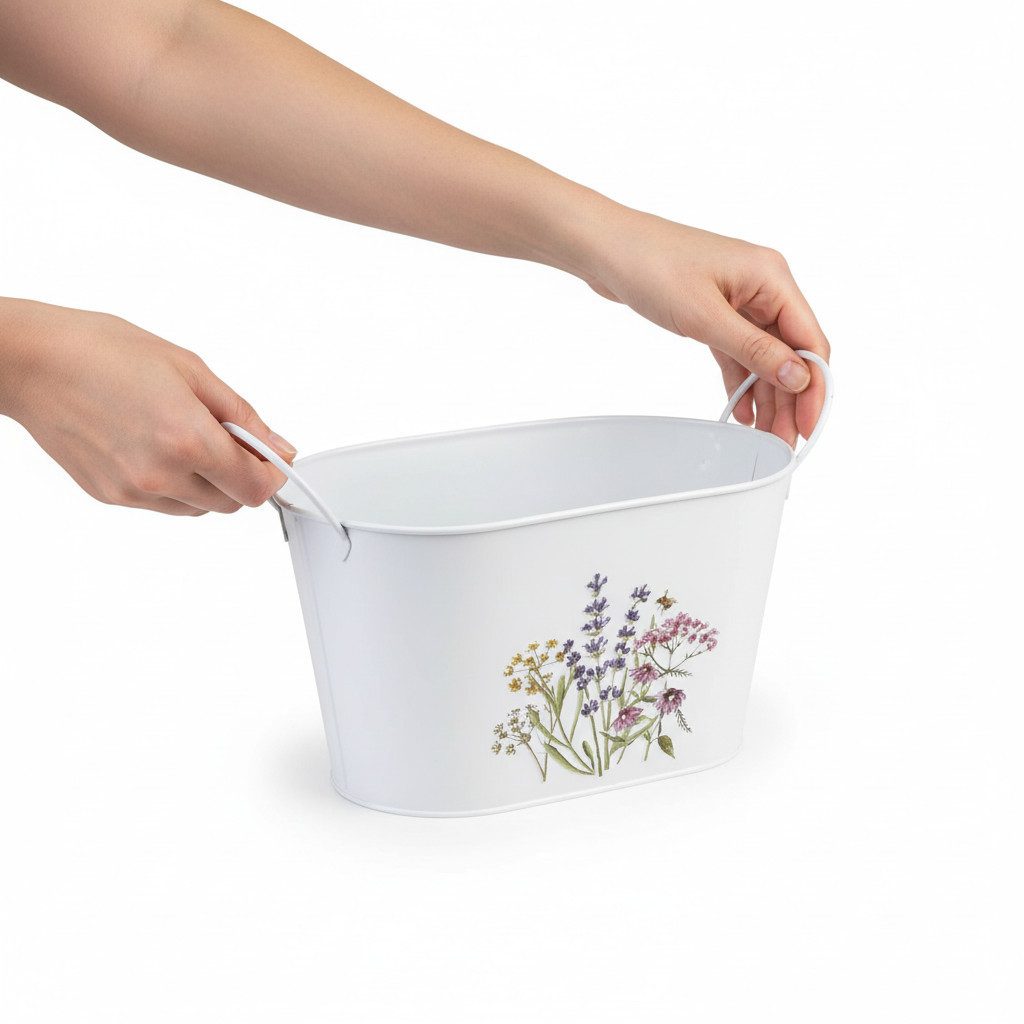 Posiwio Übertopf Metall-Blumenschale Weiß mit Prägung, Pflanztopf 27x16x15,5cm