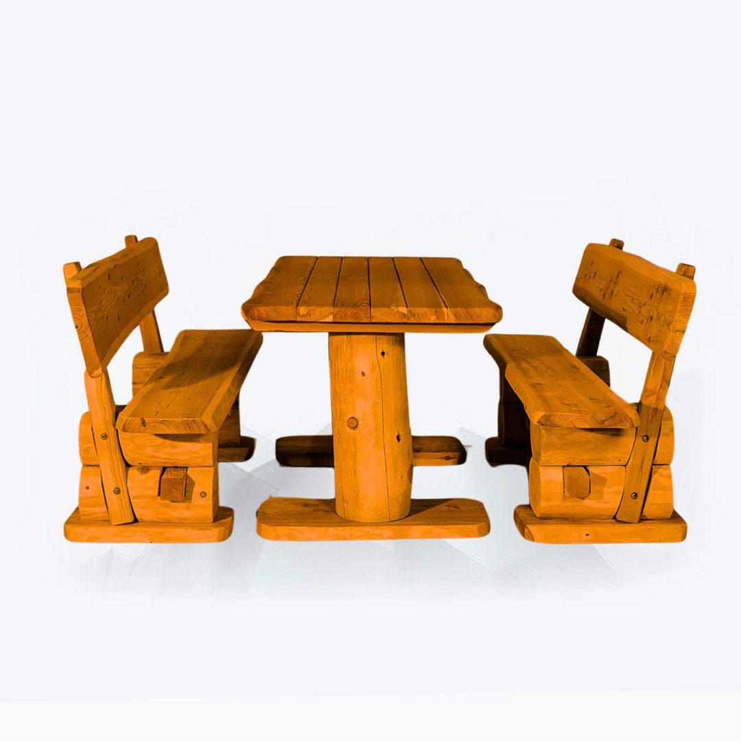 Mega-Holz Garten-Essgruppe Massive rustikale Gartengarnitur Kiefer Inkl. Sitzauflagen 120-200 cm, (Set, 1 Tisch, 2 Bänke, 2 Sitzauflage), Komplett-Set - 160 cm Breit mit Sitzauflagen
