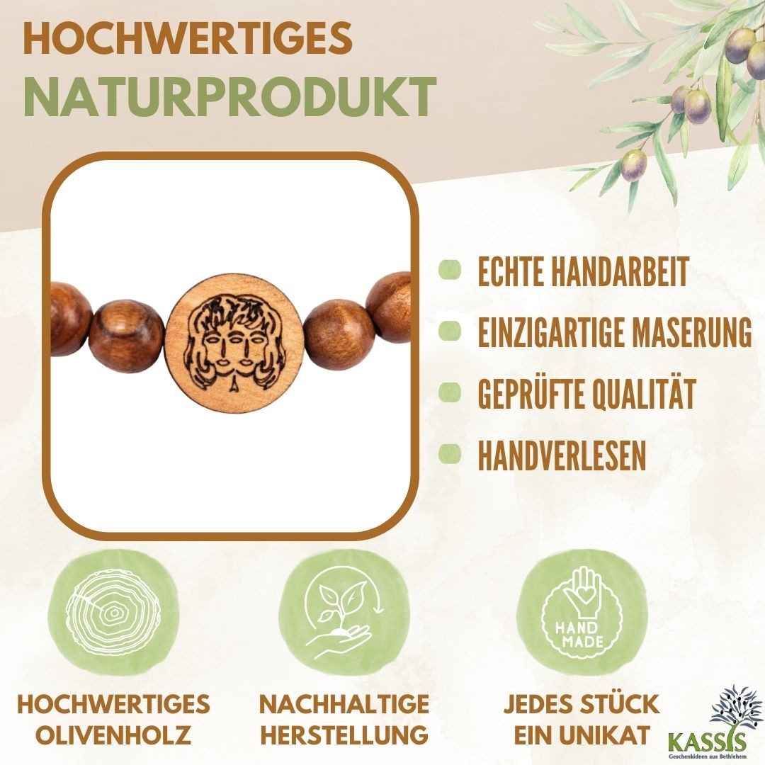 Kassis Geschenkartikel Armband mit Sternzeichen aus Olivenholzperlen Schmuckstück mit Horoskop, handgefertigt in Bethlehem, Geschenk zu mehreren Anlässen