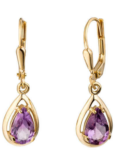 JOBO Paar Ohrhänger, Tropfen 333 Gold mit Amethyst