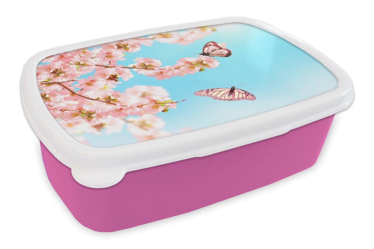 Kunststoff, Kunststoff - - (2-tlg), für Mädchen, Brotbox Erwachsene, Kinder, Blumen, Baum Lunchbox Schmetterlinge rosa Snackbox, Brotdose MuchoWow