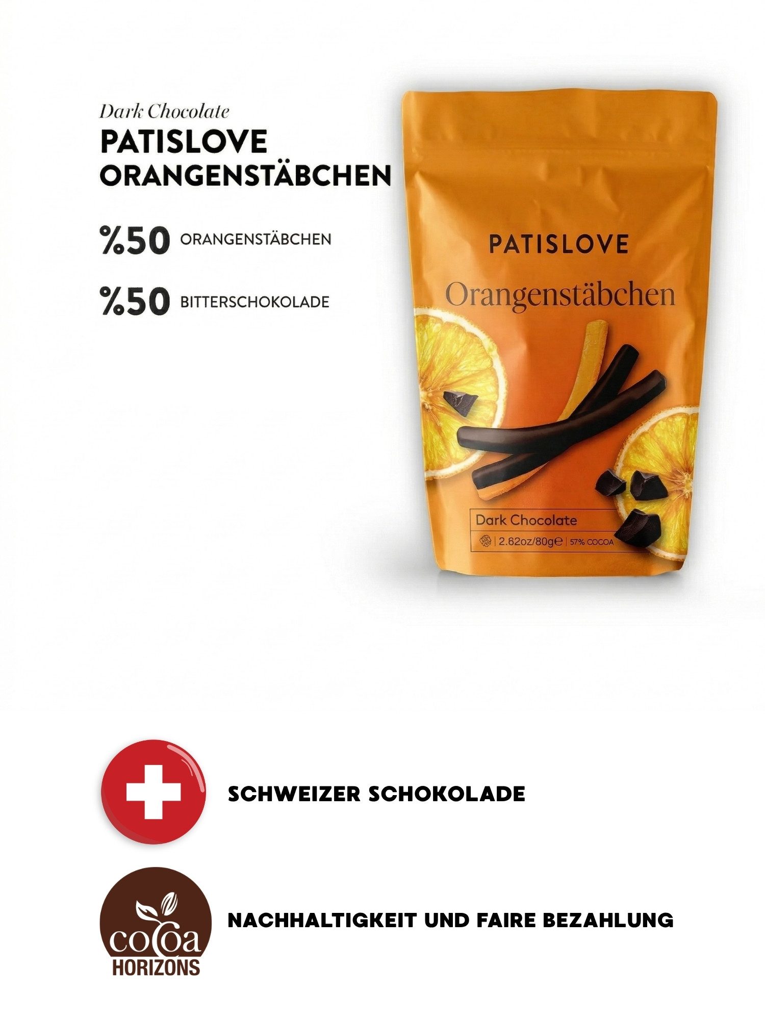 PATISLOVE Schokolade Patislove Zartbitterschokolade Orangen-Sticks, Schoko-Stäbchen, 80g, Fruchtige Orangenfüllung, Edelbitterschokolade, Premium-Qualität