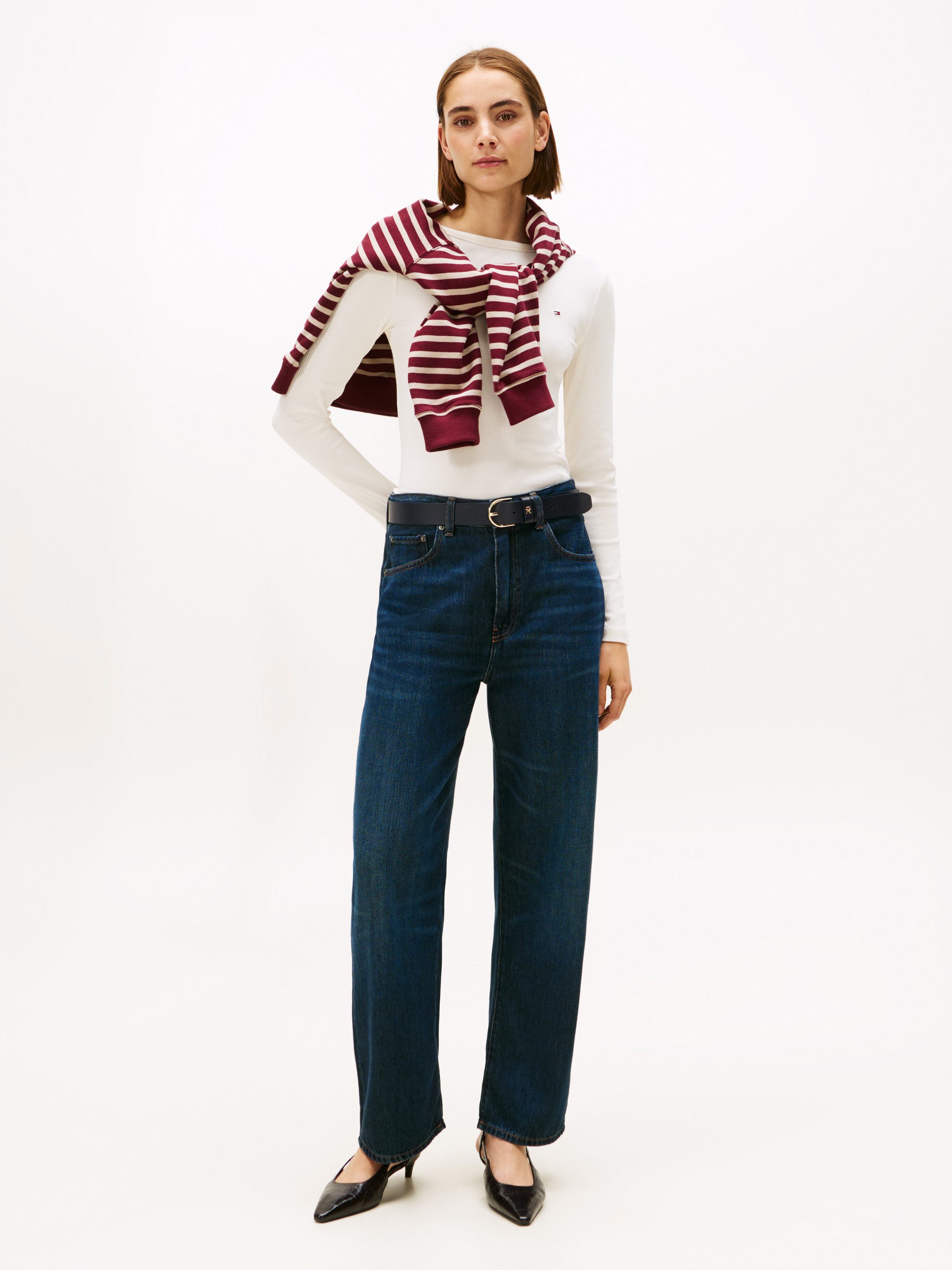 Tommy Hilfiger Langarmshirt SLIM 5X2 RIB BOAT-NK LS mit U-Boot Ausschnitt und Rippstruktur unifarben, casual, slim fit, Viskosemix, U-Boot-Ausschnitt