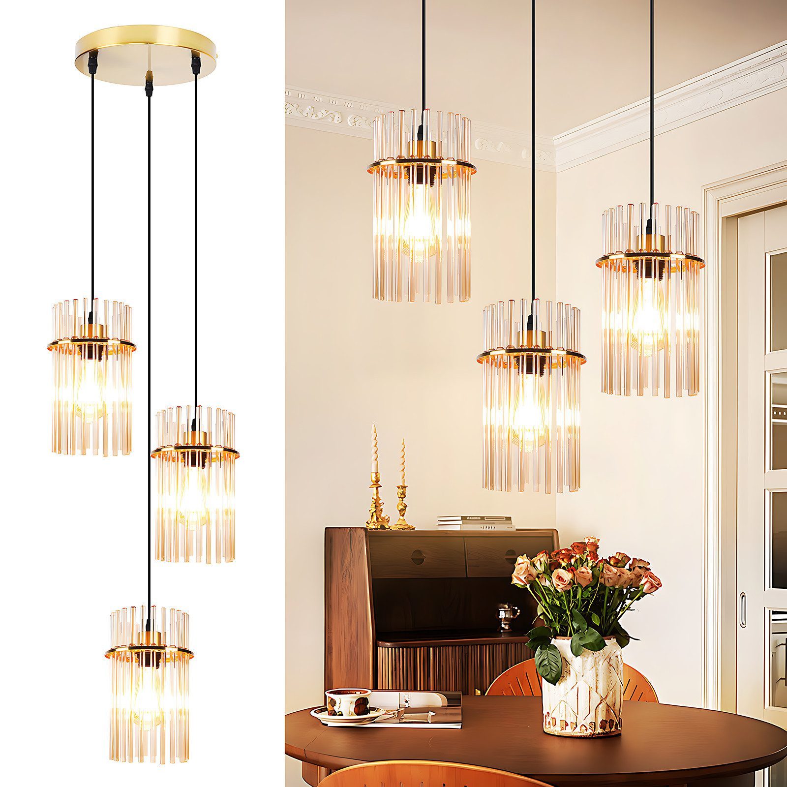 Nettlife Pendelleuchte Glas Esstisch 1/2/3/5 Flammig Modern Schwarz/Gold Ø 60cm E27, ohne Leuchtmittel, Esstischlampe für Wohnzimmer Küche