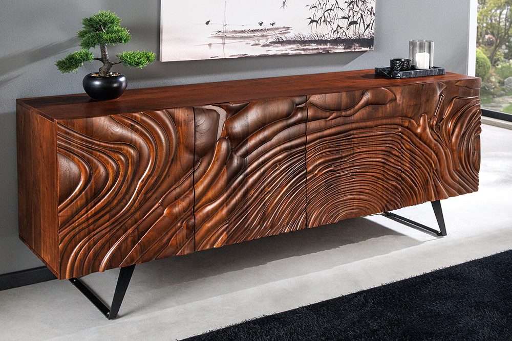 riess-ambiente Sideboard FLUID 175cm braun/schwarz - Mango-Massivholz, Metall, Kufengestell (Einzelartikel, 1 St), Kommode m. Front im 3D-Design - ideal f. Wohn- & Schlafzimmer od. Flur
